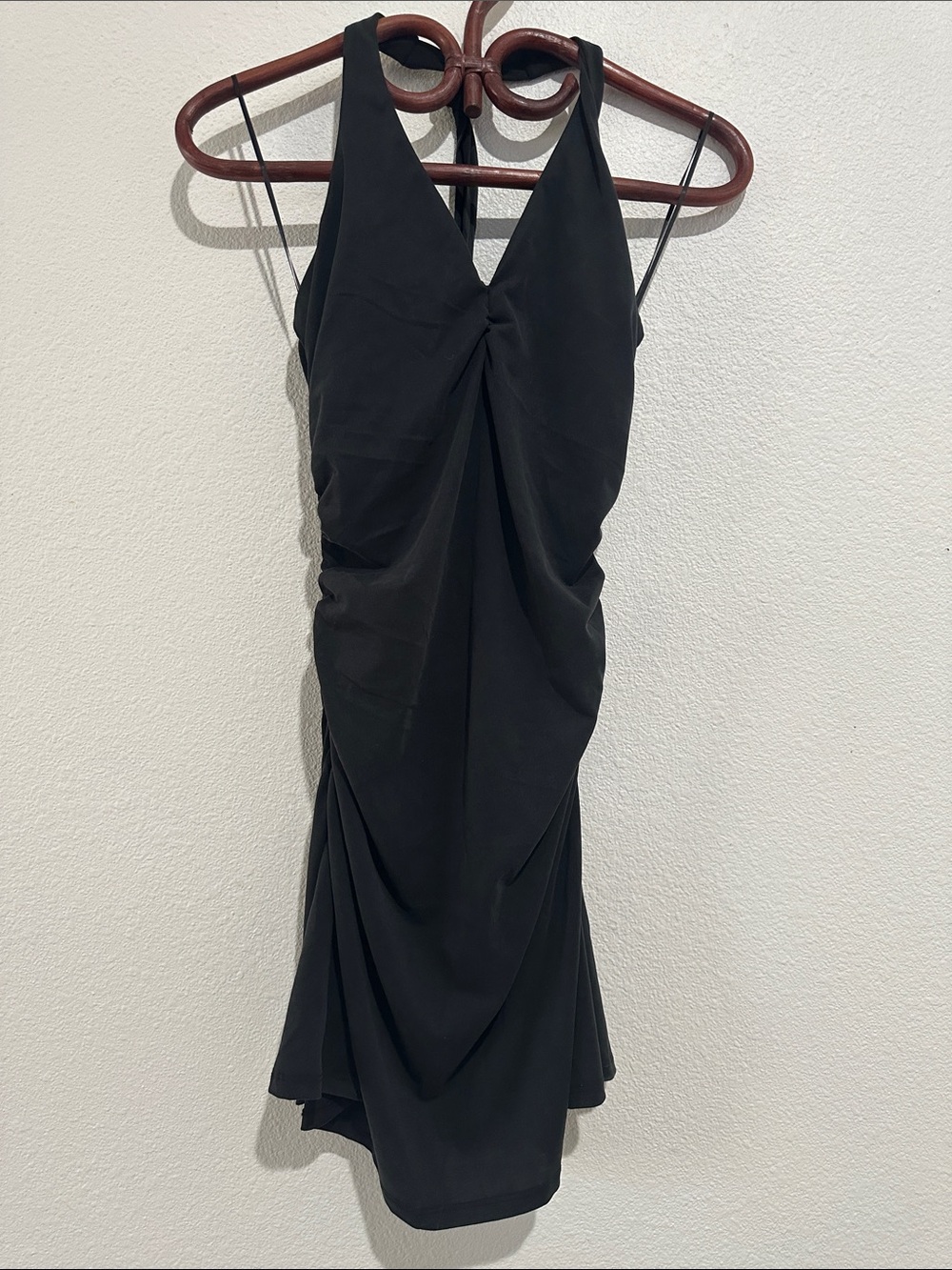 NWT! ANTHROPOLOGIE Elegant Black Silky V-Neck Halter Ruched Dress, size small